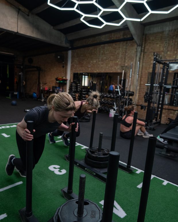 The conditioning floor under hexagon lights